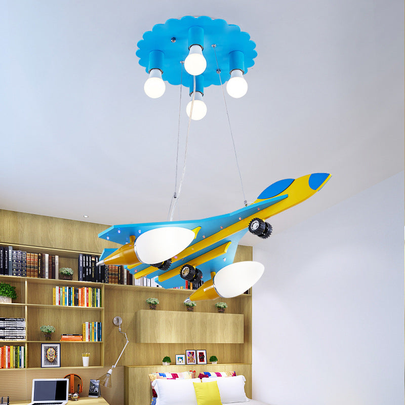 Fighter Jet Kindergarten Drop Lamp Wood 6-Light Kids Chandelier Pendant with Opal Glass Shade Clearhalo 'Ceiling Lights' 'Chandeliers' Lighting' options 1063059