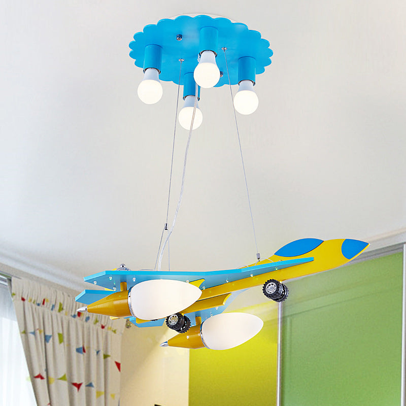 Fighter Jet Kindergarten Drop Lamp Wood 6-Light Kids Chandelier Pendant with Opal Glass Shade Clearhalo 'Ceiling Lights' 'Chandeliers' Lighting' options 1063060