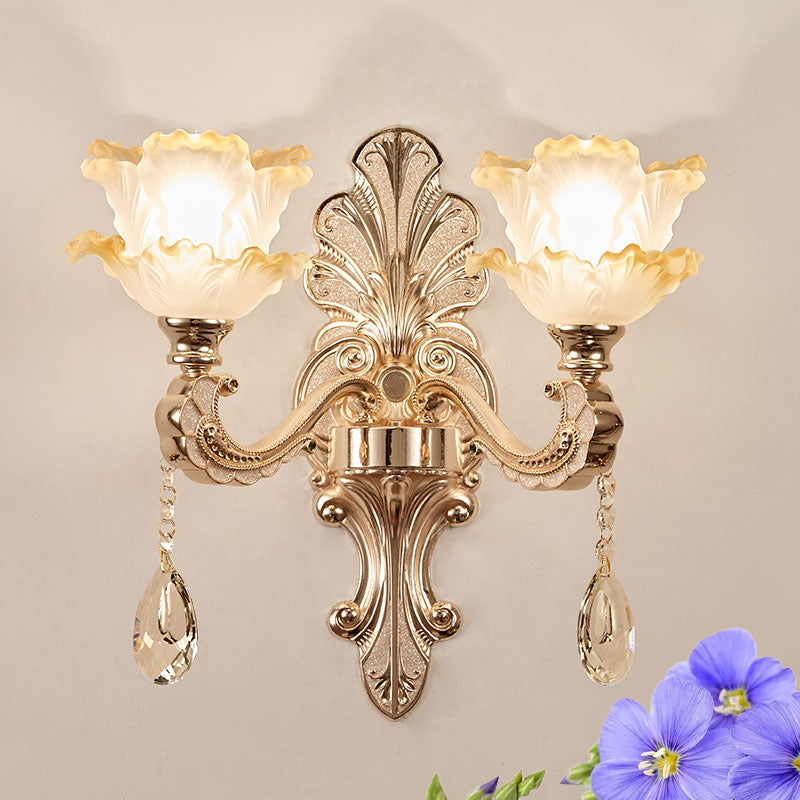 Layered Lettuce-Edge Chamber Wall Lamp Antique Frosted Glass 1/2-Light Gold Sconce Light Fixture 2.0 Gold Clearhalo 'Wall Lamps & Sconces' 'Wall Lights' Lighting' 1063067