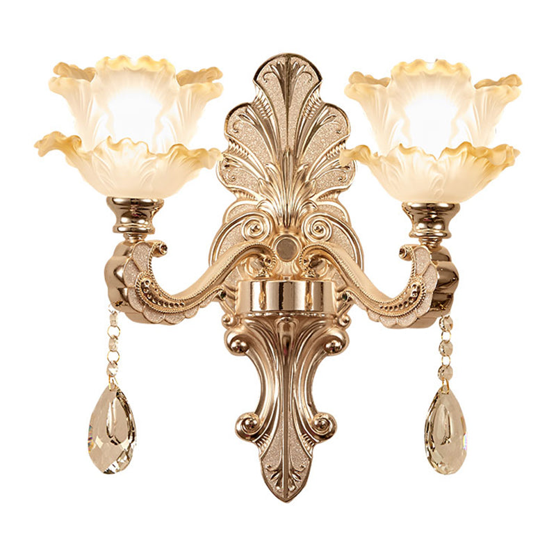 Layered Lettuce-Edge Chamber Wall Lamp Antique Frosted Glass 1/2-Light Gold Sconce Light Fixture Clearhalo 'Wall Lamps & Sconces' 'Wall Lights' Lighting' 1063068