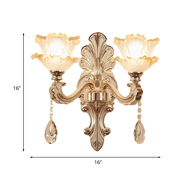 Layered Lettuce-Edge Chamber Wall Lamp Antique Frosted Glass 1/2-Light Gold Sconce Light Fixture Clearhalo 'Wall Lamps & Sconces' 'Wall Lights' Lighting' 1063070