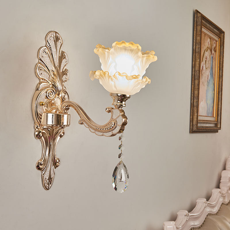 Layered Lettuce-Edge Chamber Wall Lamp Antique Frosted Glass 1/2-Light Gold Sconce Light Fixture 1.0 Gold Clearhalo 'Wall Lamps & Sconces' 'Wall Lights' Lighting' 1063071