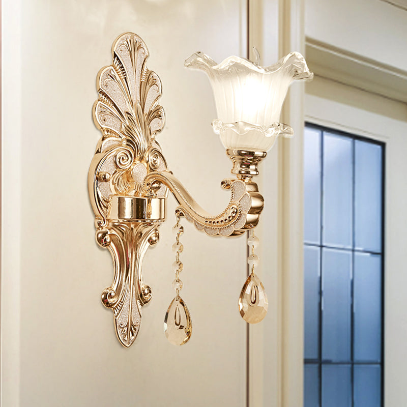 Ruffle-Trimmed Bell Frosted Glass Sconce Retro 1/2-Bulb Doorway Wall Mounted Light in Gold 1.0 Gold Clearhalo 'Wall Lamps & Sconces' 'Wall Lights' Lighting' 1063076