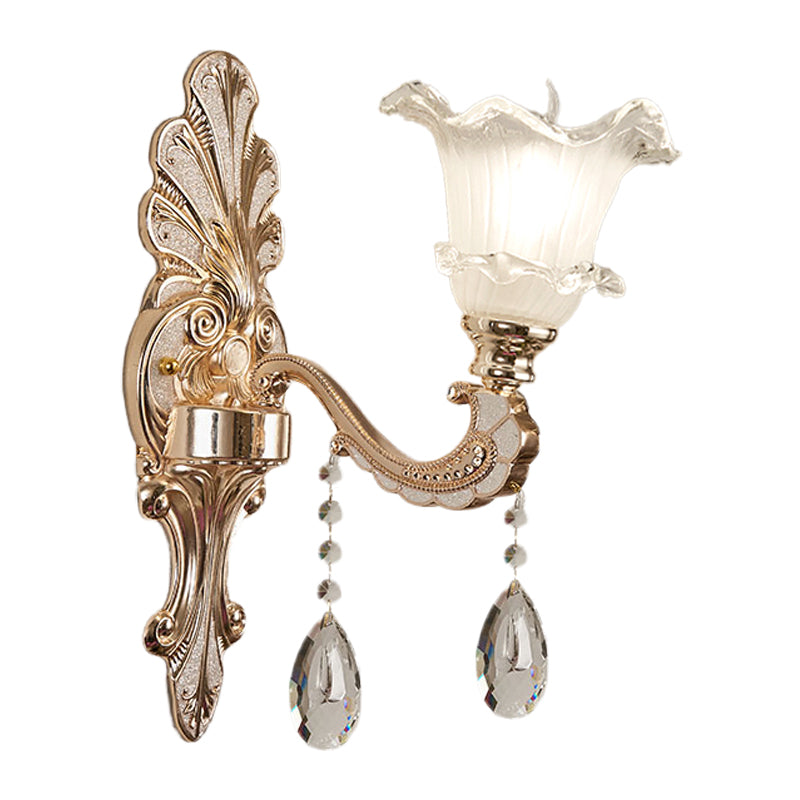 Ruffle-Trimmed Bell Frosted Glass Sconce Retro 1/2-Bulb Doorway Wall Mounted Light in Gold Clearhalo 'Wall Lamps & Sconces' 'Wall Lights' Lighting' 1063077