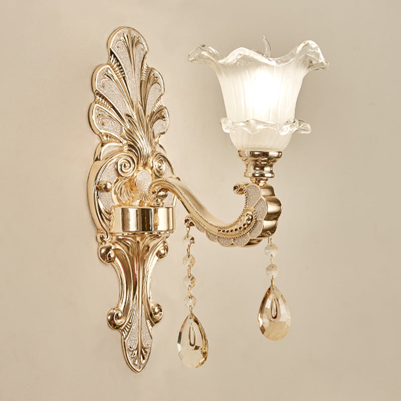 Ruffle-Trimmed Bell Frosted Glass Sconce Retro 1/2-Bulb Doorway Wall Mounted Light in Gold Clearhalo 'Wall Lamps & Sconces' 'Wall Lights' Lighting' 1063078