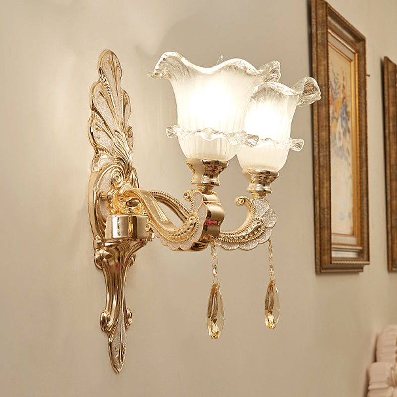 Ruffle-Trimmed Bell Frosted Glass Sconce Retro 1/2-Bulb Doorway Wall Mounted Light in Gold 2.0 Gold Clearhalo 'Wall Lamps & Sconces' 'Wall Lights' Lighting' 1063080