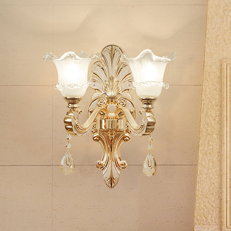 Ruffle-Trimmed Bell Frosted Glass Sconce Retro 1/2-Bulb Doorway Wall Mounted Light in Gold Clearhalo 'Wall Lamps & Sconces' 'Wall Lights' Lighting' 1063081