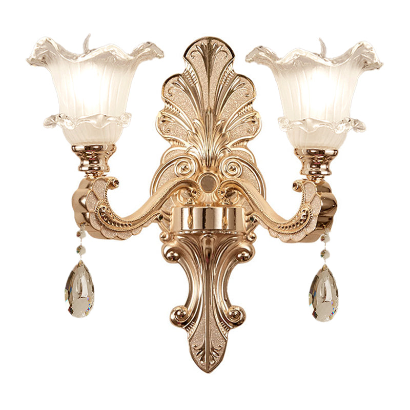 Ruffle-Trimmed Bell Frosted Glass Sconce Retro 1/2-Bulb Doorway Wall Mounted Light in Gold Clearhalo 'Wall Lamps & Sconces' 'Wall Lights' Lighting' 1063082