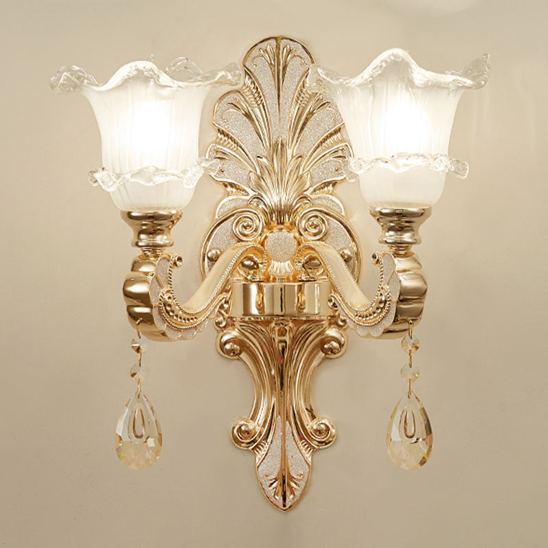 Ruffle-Trimmed Bell Frosted Glass Sconce Retro 1/2-Bulb Doorway Wall Mounted Light in Gold Clearhalo 'Wall Lamps & Sconces' 'Wall Lights' Lighting' 1063083