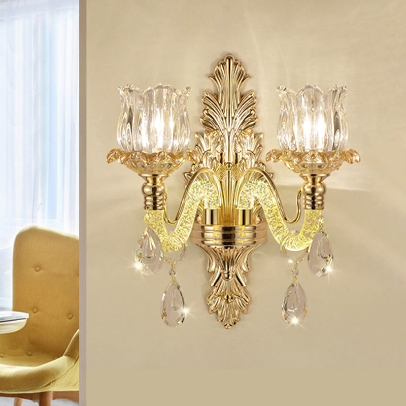 2-Light Wall Mounted Lighting Vintage Flower Bud Clear Carved Glass Wall Lamp Kit in Gold Clearhalo 'Wall Lamps & Sconces' 'Wall Lights' Lighting' 1063095