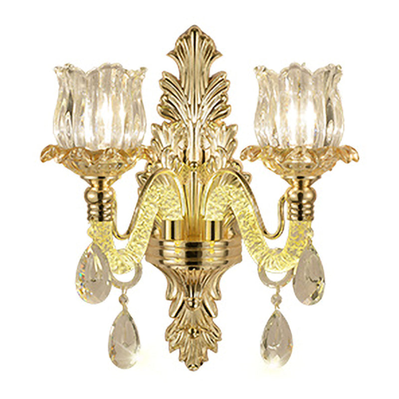 2-Light Wall Mounted Lighting Vintage Flower Bud Clear Carved Glass Wall Lamp Kit in Gold Clearhalo 'Wall Lamps & Sconces' 'Wall Lights' Lighting' 1063096