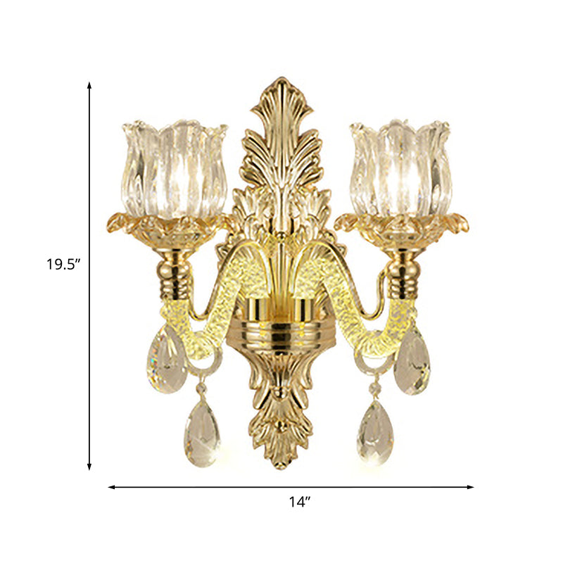 2-Light Wall Mounted Lighting Vintage Flower Bud Clear Carved Glass Wall Lamp Kit in Gold Clearhalo 'Wall Lamps & Sconces' 'Wall Lights' Lighting' 1063097