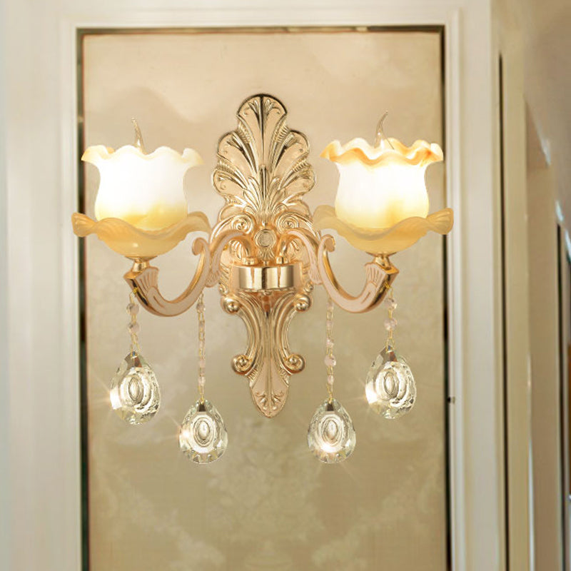 Vintage Ruffled Sconce Lighting 1/2-Head Frosted Glass Wall Mount Fixture in Gold for Bathroom 2.0 Gold Clearhalo 'Wall Lamps & Sconces' 'Wall Lights' Lighting' 1063102