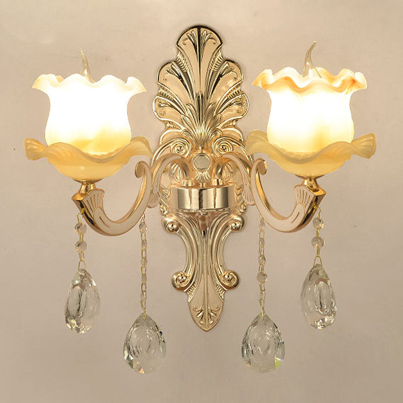 Vintage Ruffled Sconce Lighting 1/2-Head Frosted Glass Wall Mount Fixture in Gold for Bathroom Clearhalo 'Wall Lamps & Sconces' 'Wall Lights' Lighting' 1063104