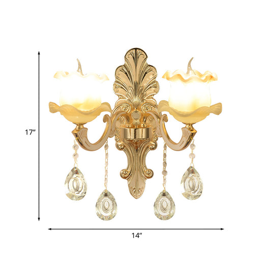 Vintage Ruffled Sconce Lighting 1/2-Head Frosted Glass Wall Mount Fixture in Gold for Bathroom Clearhalo 'Wall Lamps & Sconces' 'Wall Lights' Lighting' 1063105