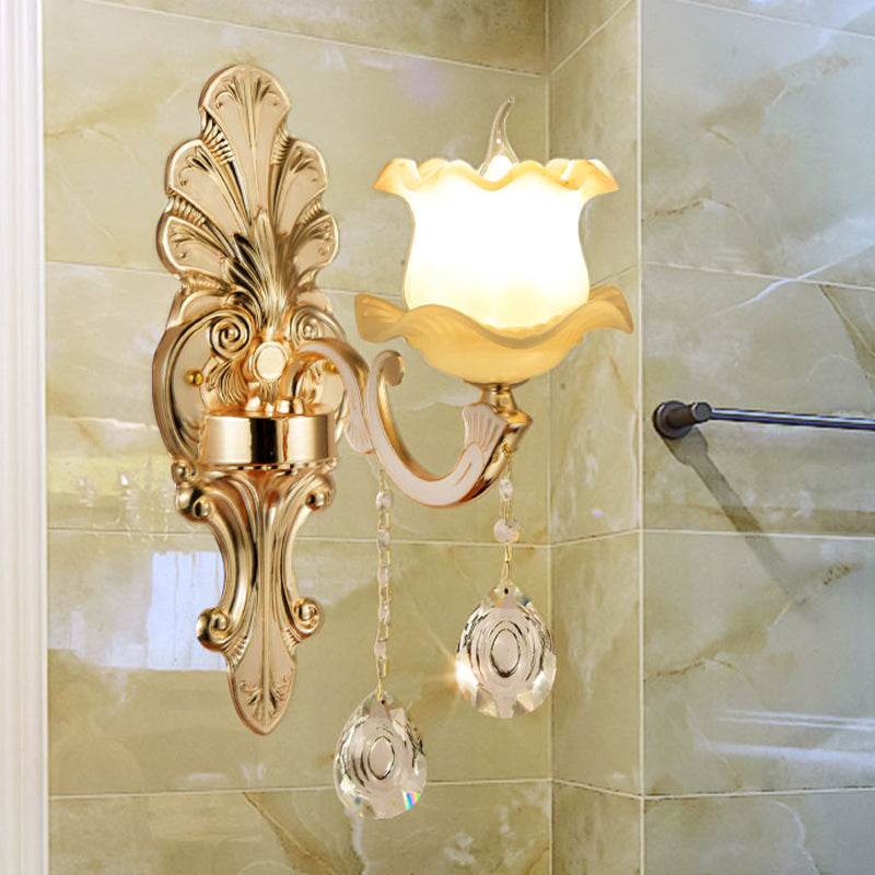 Vintage Ruffled Sconce Lighting 1/2-Head Frosted Glass Wall Mount Fixture in Gold for Bathroom 1.0 Gold Clearhalo 'Wall Lamps & Sconces' 'Wall Lights' Lighting' 1063106