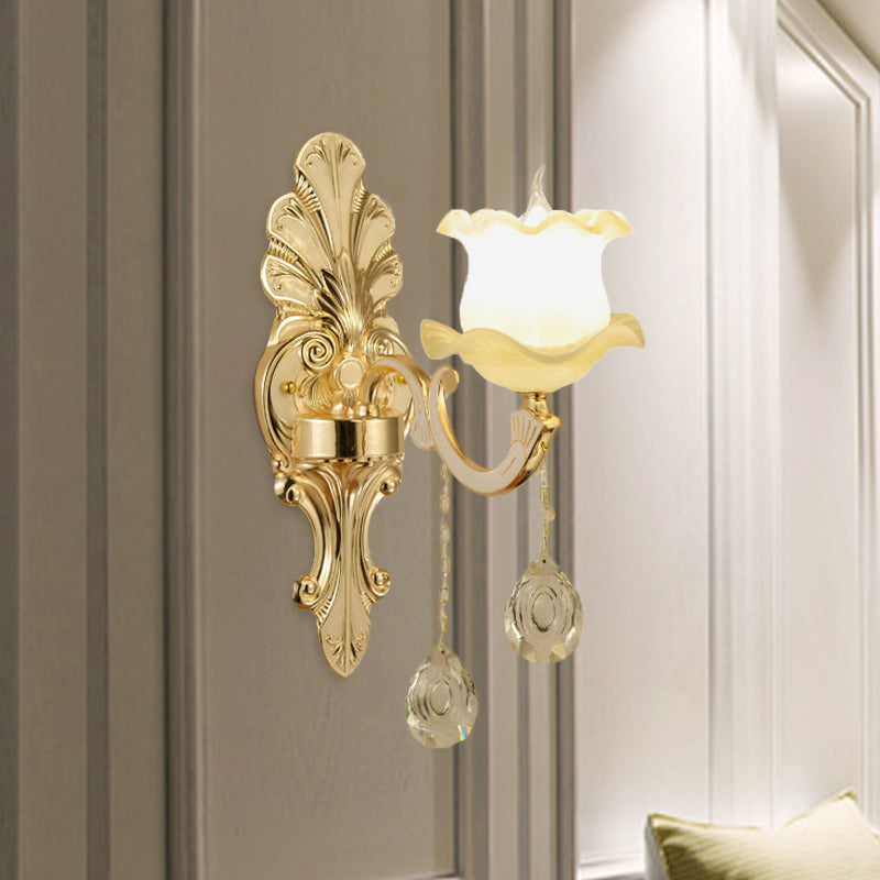 Vintage Ruffled Sconce Lighting 1/2-Head Frosted Glass Wall Mount Fixture in Gold for Bathroom Clearhalo 'Wall Lamps & Sconces' 'Wall Lights' Lighting' 1063107