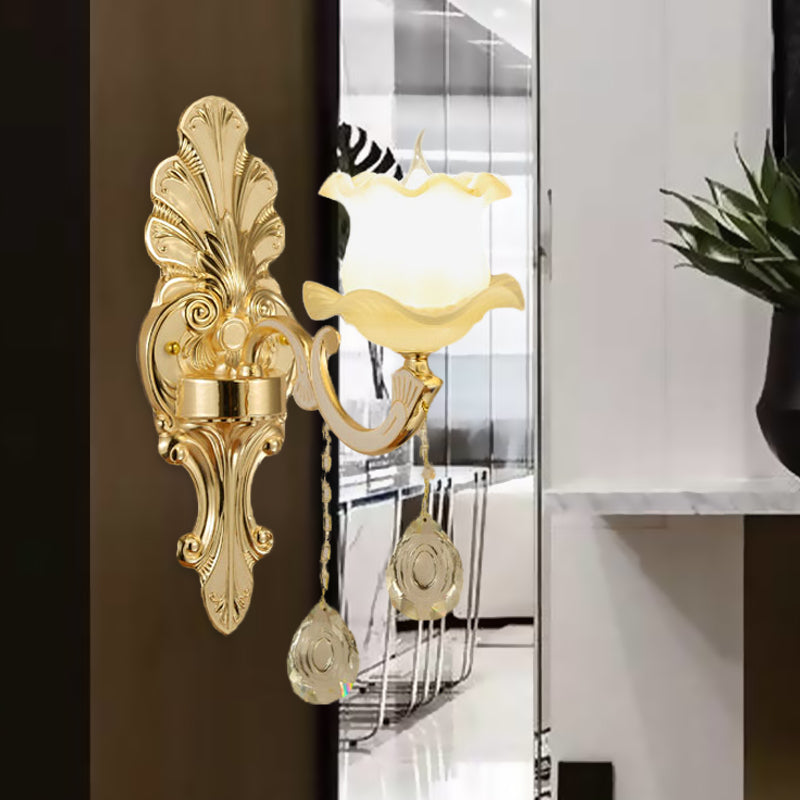 Vintage Ruffled Sconce Lighting 1/2-Head Frosted Glass Wall Mount Fixture in Gold for Bathroom Clearhalo 'Wall Lamps & Sconces' 'Wall Lights' Lighting' 1063108