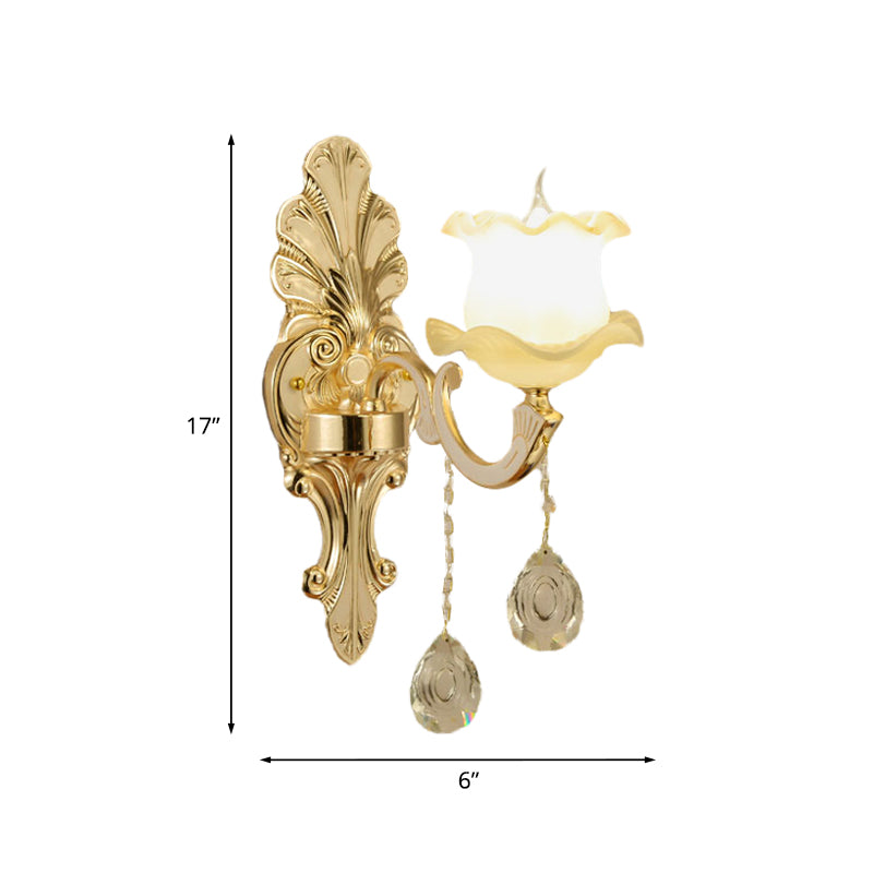 Vintage Ruffled Sconce Lighting 1/2-Head Frosted Glass Wall Mount Fixture in Gold for Bathroom Clearhalo 'Wall Lamps & Sconces' 'Wall Lights' Lighting' 1063110