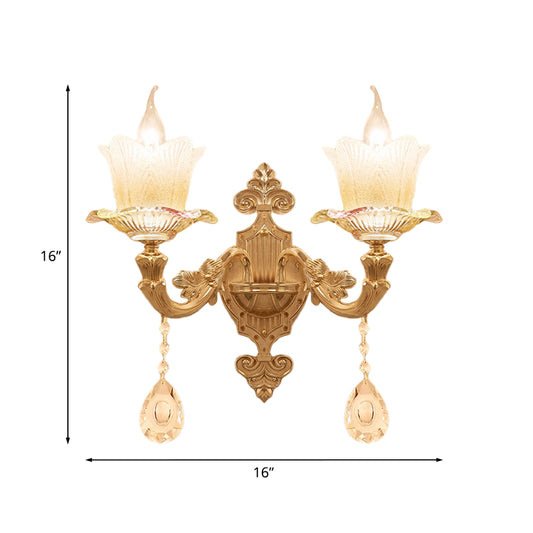 Scalloped Bedside Wall Lamp Traditional Frosted Glass 1/2-Bulb Gold Sconce Light Fixture Clearhalo 'Wall Lamps & Sconces' 'Wall Lights' Lighting' 1063119