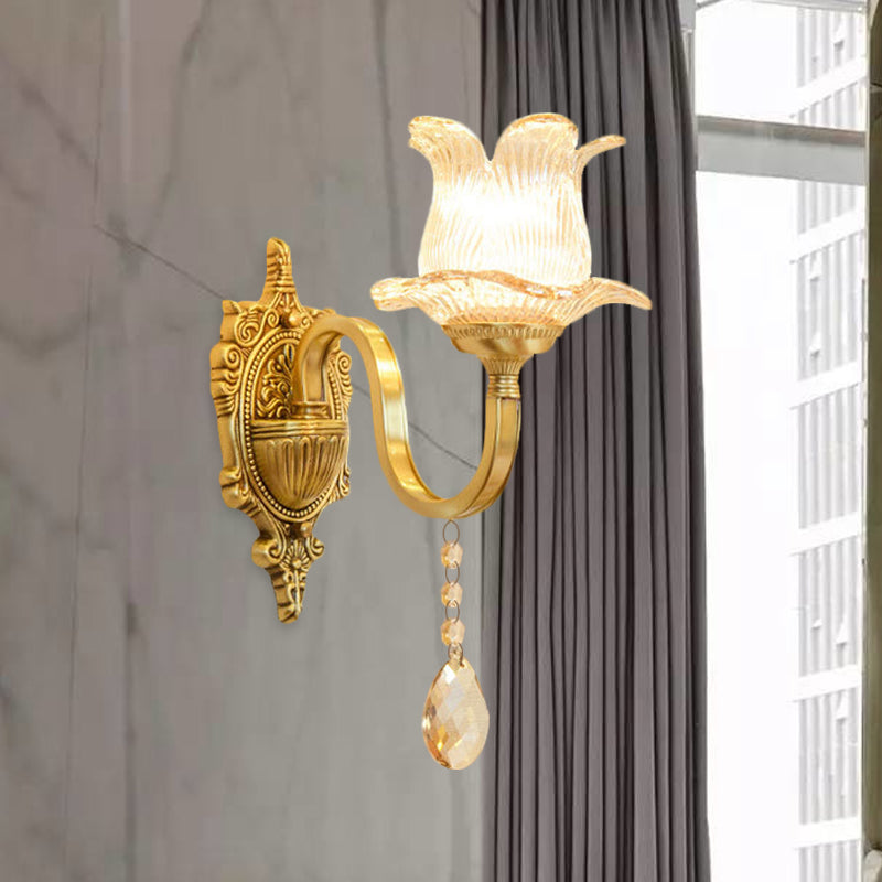 Ribbed Glass Petals Sconce Light Mid Century 1-Light Corridor Wall Mount Light in Brass Brass Clearhalo 'Wall Lamps & Sconces' 'Wall Lights' Lighting' 1063120