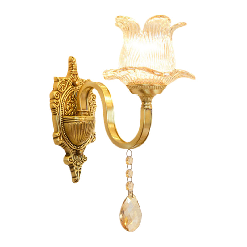 Ribbed Glass Petals Sconce Light Mid Century 1-Light Corridor Wall Mount Light in Brass Clearhalo 'Wall Lamps & Sconces' 'Wall Lights' Lighting' 1063121