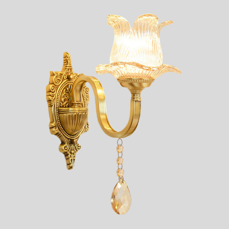 Ribbed Glass Petals Sconce Light Mid Century 1-Light Corridor Wall Mount Light in Brass Clearhalo 'Wall Lamps & Sconces' 'Wall Lights' Lighting' 1063122