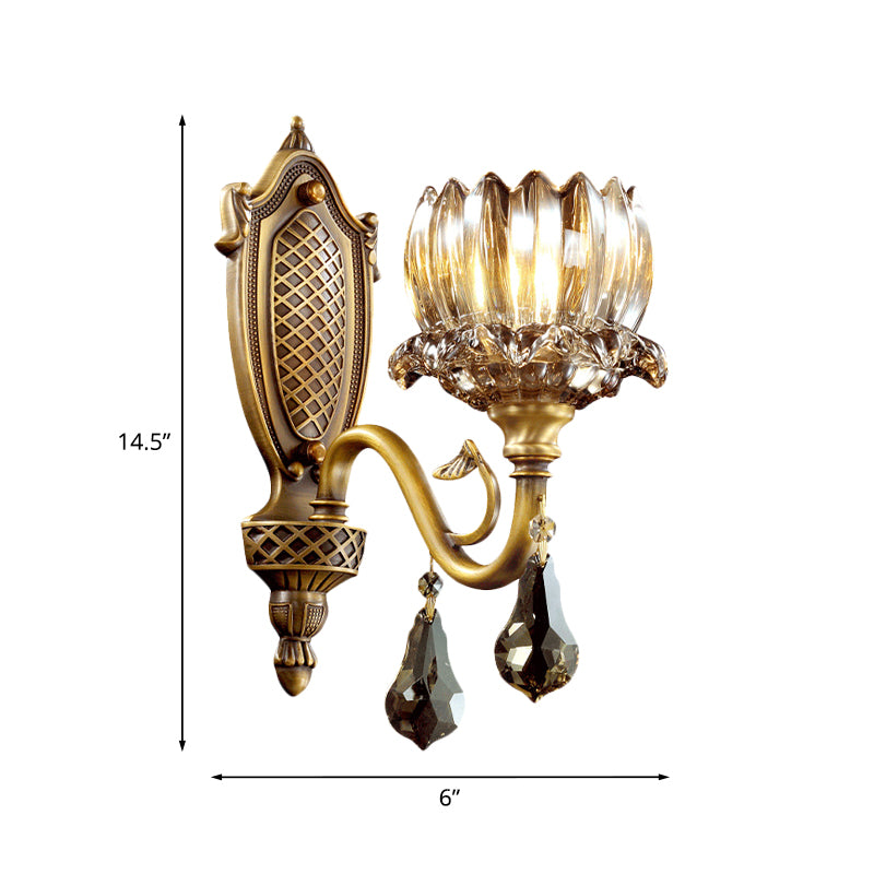 Lotus Amber Glass Wall Light Antique 1 Head Living Room Wall Sconce with Crystal Pendalogues in Brass Clearhalo 'Wall Lamps & Sconces' 'Wall Lights' Lighting' 1063127