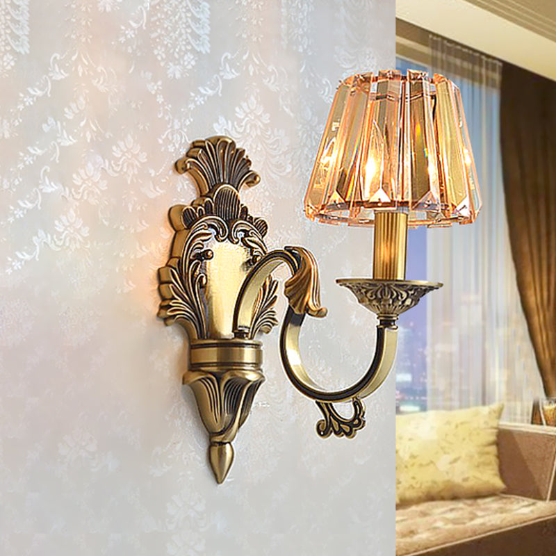 Brass Wavy Arm Wall Light Kit Traditional Metal 1 Head Hotel Wall Mounted Lamp with Cone Crystal Shade Clearhalo 'Cast Iron' 'Glass' 'Industrial' 'Modern wall lights' 'Modern' 'Tiffany' 'Traditional wall lights' 'Wall Lamps & Sconces' 'Wall Lights' Lighting' 1063133