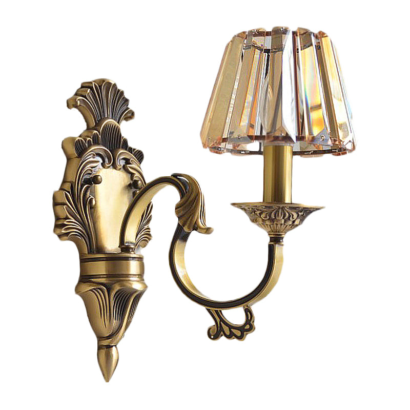 Brass Wavy Arm Wall Light Kit Traditional Metal 1 Head Hotel Wall Mounted Lamp with Cone Crystal Shade Clearhalo 'Cast Iron' 'Glass' 'Industrial' 'Modern wall lights' 'Modern' 'Tiffany' 'Traditional wall lights' 'Wall Lamps & Sconces' 'Wall Lights' Lighting' 1063134