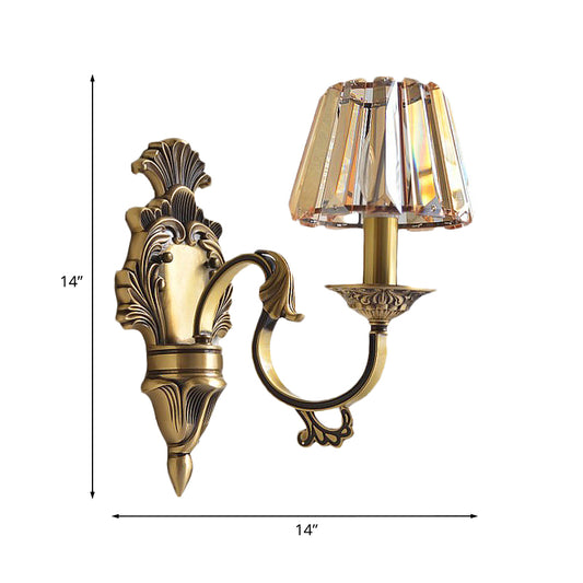 Brass Wavy Arm Wall Light Kit Traditional Metal 1 Head Hotel Wall Mounted Lamp with Cone Crystal Shade Clearhalo 'Cast Iron' 'Glass' 'Industrial' 'Modern wall lights' 'Modern' 'Tiffany' 'Traditional wall lights' 'Wall Lamps & Sconces' 'Wall Lights' Lighting' 1063135