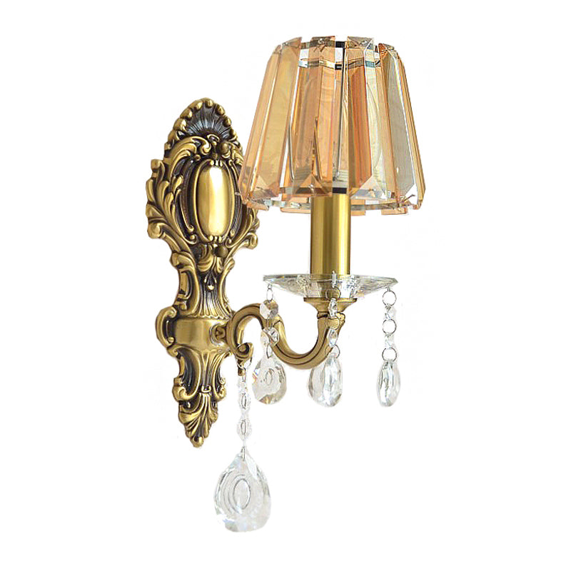 1-Light Candle Wall Sconce Traditional Brass Metal Wall Lighting with Conical Clear Crystal Shade Clearhalo 'Cast Iron' 'Glass' 'Industrial' 'Modern wall lights' 'Modern' 'Tiffany' 'Traditional wall lights' 'Wall Lamps & Sconces' 'Wall Lights' Lighting' 1063138
