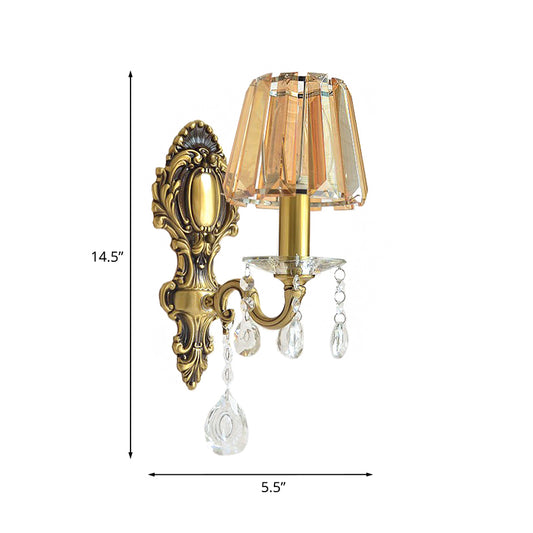 1-Light Candle Wall Sconce Traditional Brass Metal Wall Lighting with Conical Clear Crystal Shade Clearhalo 'Cast Iron' 'Glass' 'Industrial' 'Modern wall lights' 'Modern' 'Tiffany' 'Traditional wall lights' 'Wall Lamps & Sconces' 'Wall Lights' Lighting' 1063139