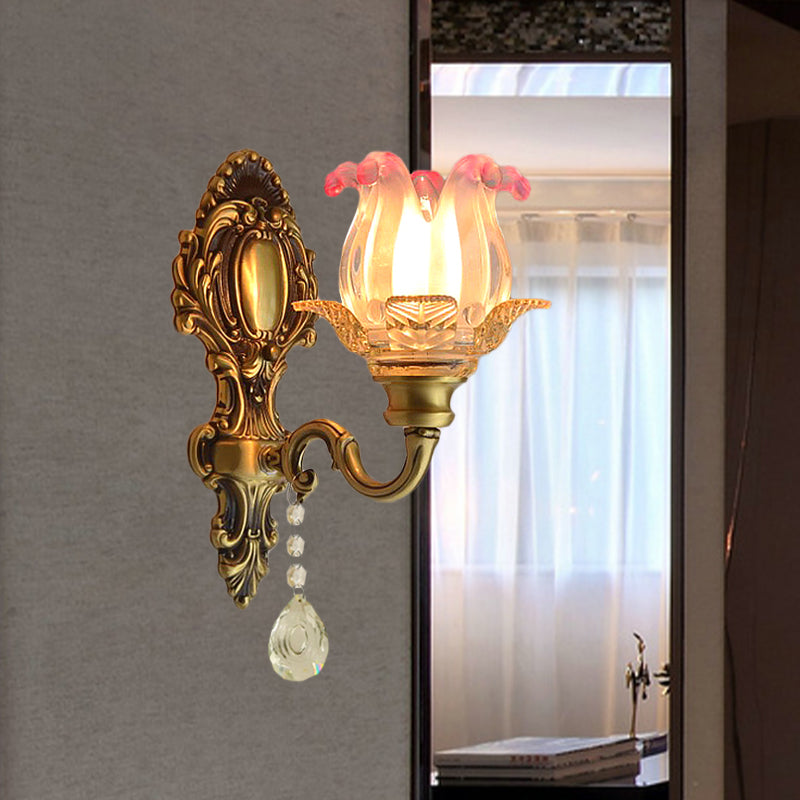 Retro Flower Wall Lighting Ideas 1 Bulb Pink-Clear Fading Glass Sconce Light in Brass Brass Clearhalo 'Wall Lamps & Sconces' 'Wall Lights' Lighting' 1063144