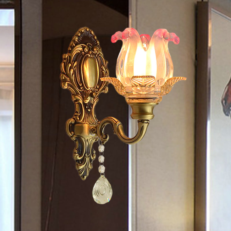 Retro Flower Wall Lighting Ideas 1 Bulb Pink-Clear Fading Glass Sconce Light in Brass Clearhalo 'Wall Lamps & Sconces' 'Wall Lights' Lighting' 1063145