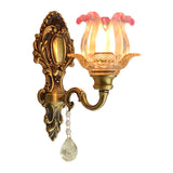 Retro Flower Wall Lighting Ideas 1 Bulb Pink-Clear Fading Glass Sconce Light in Brass Clearhalo 'Wall Lamps & Sconces' 'Wall Lights' Lighting' 1063146