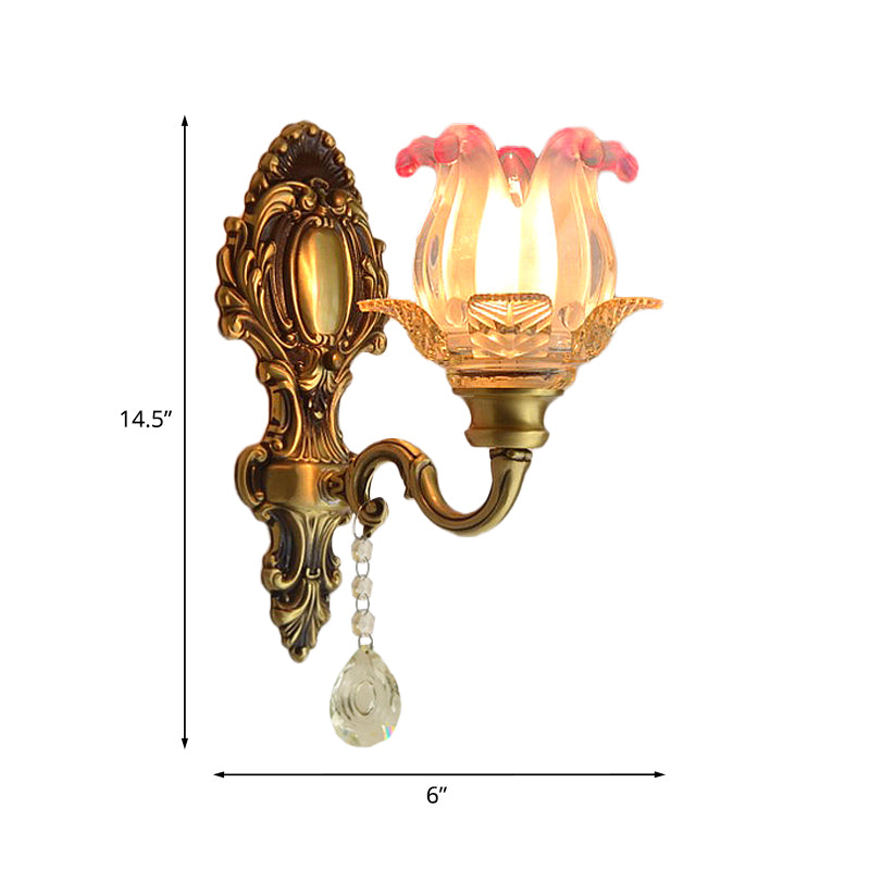 Retro Flower Wall Lighting Ideas 1 Bulb Pink-Clear Fading Glass Sconce Light in Brass Clearhalo 'Wall Lamps & Sconces' 'Wall Lights' Lighting' 1063147