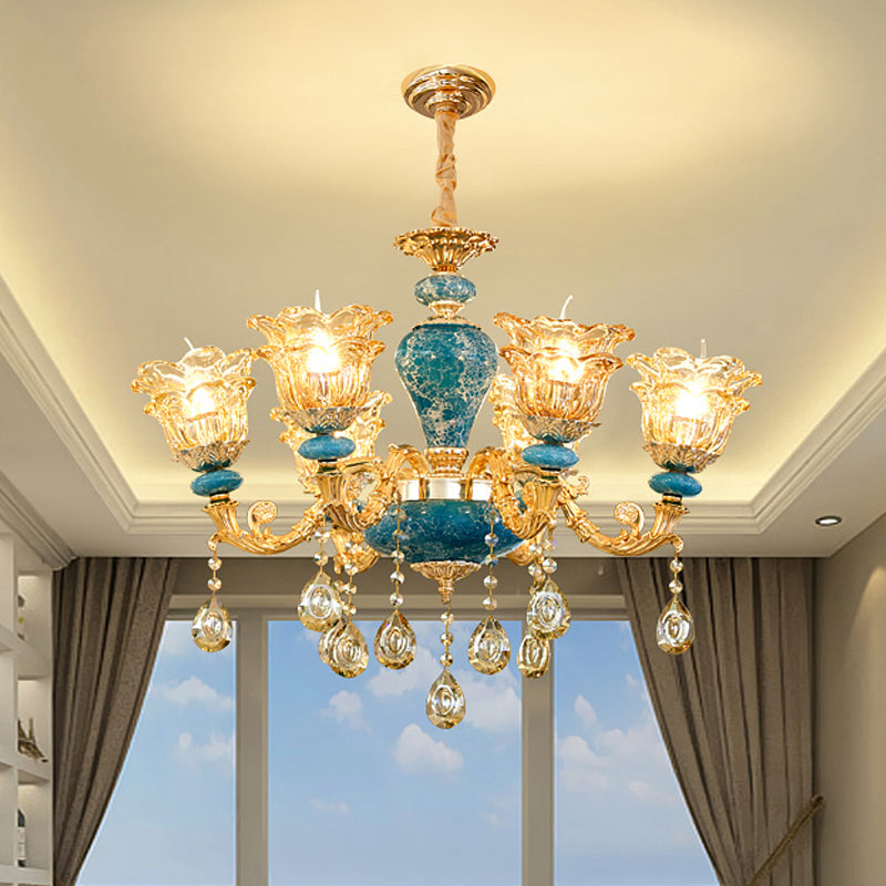 Layered Flower Amber Glass Chandelier Traditional 6 Lights Bedroom Ceiling Suspension Lamp in Blue Clearhalo 'Ceiling Lights' 'Chandeliers' Lighting' options 1063148