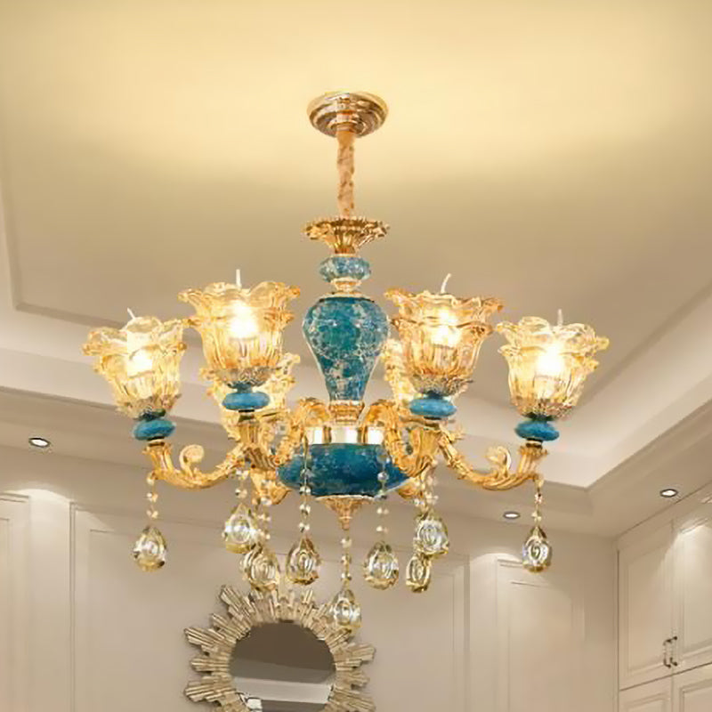 Layered Flower Amber Glass Chandelier Traditional 6 Lights Bedroom Ceiling Suspension Lamp in Blue Clearhalo 'Ceiling Lights' 'Chandeliers' Lighting' options 1063149