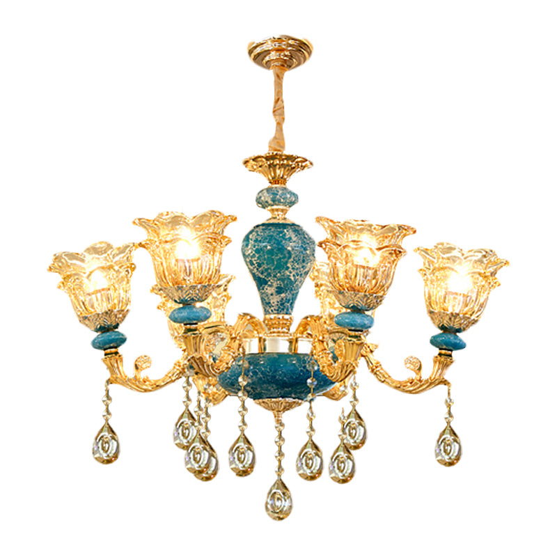 Layered Flower Amber Glass Chandelier Traditional 6 Lights Bedroom Ceiling Suspension Lamp in Blue Clearhalo 'Ceiling Lights' 'Chandeliers' Lighting' options 1063150