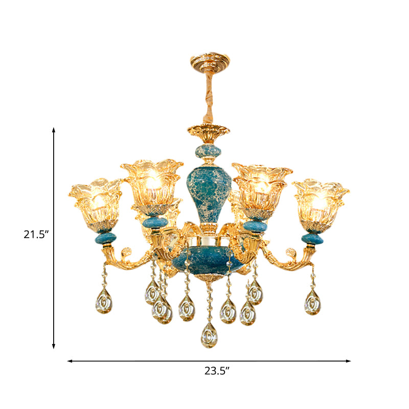 Layered Flower Amber Glass Chandelier Traditional 6 Lights Bedroom Ceiling Suspension Lamp in Blue Clearhalo 'Ceiling Lights' 'Chandeliers' Lighting' options 1063151