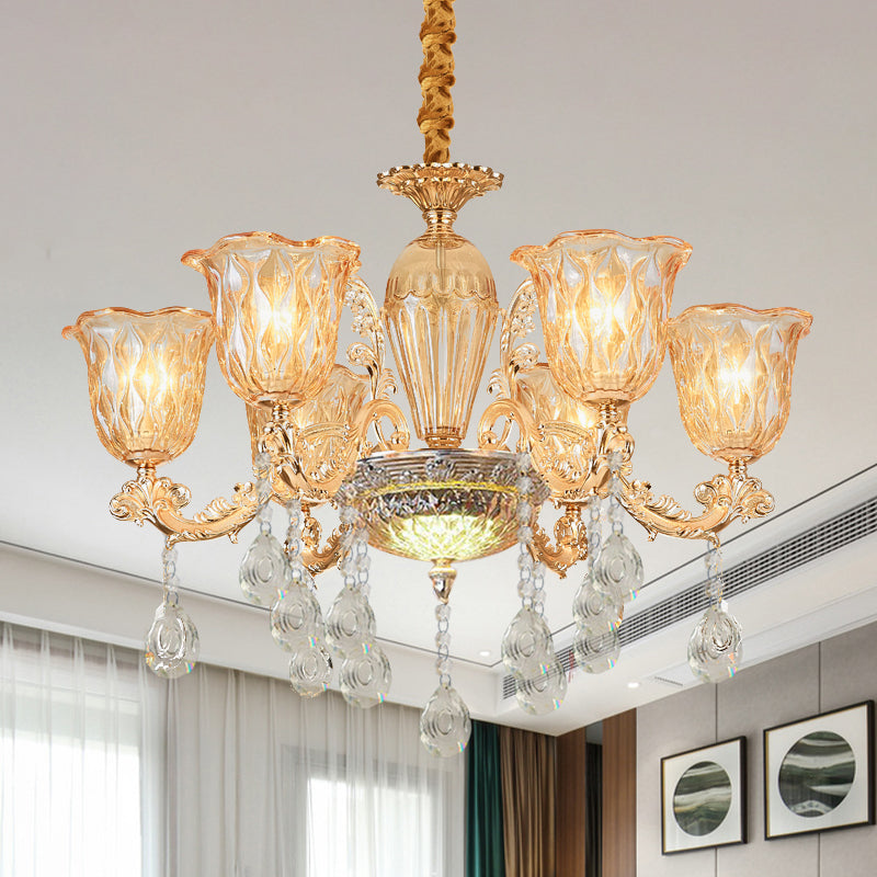 6 Bulbs Bell Up Chandelier Traditional Gold Clear Pebble Glass Hanging Light Fixture over Table Clearhalo 'Ceiling Lights' 'Chandeliers' Lighting' options 1063152