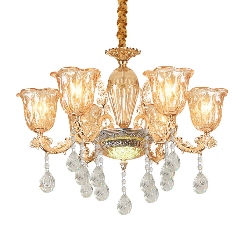 6 Bulbs Bell Up Chandelier Traditional Gold Clear Pebble Glass Hanging Light Fixture over Table Clearhalo 'Ceiling Lights' 'Chandeliers' Lighting' options 1063153