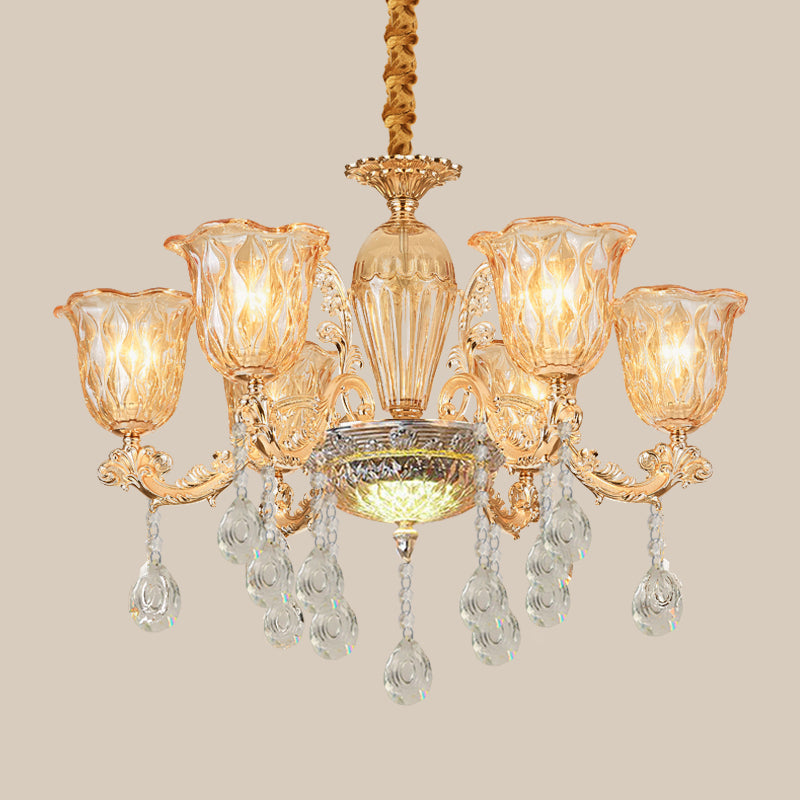 6 Bulbs Bell Up Chandelier Traditional Gold Clear Pebble Glass Hanging Light Fixture over Table Clearhalo 'Ceiling Lights' 'Chandeliers' Lighting' options 1063154