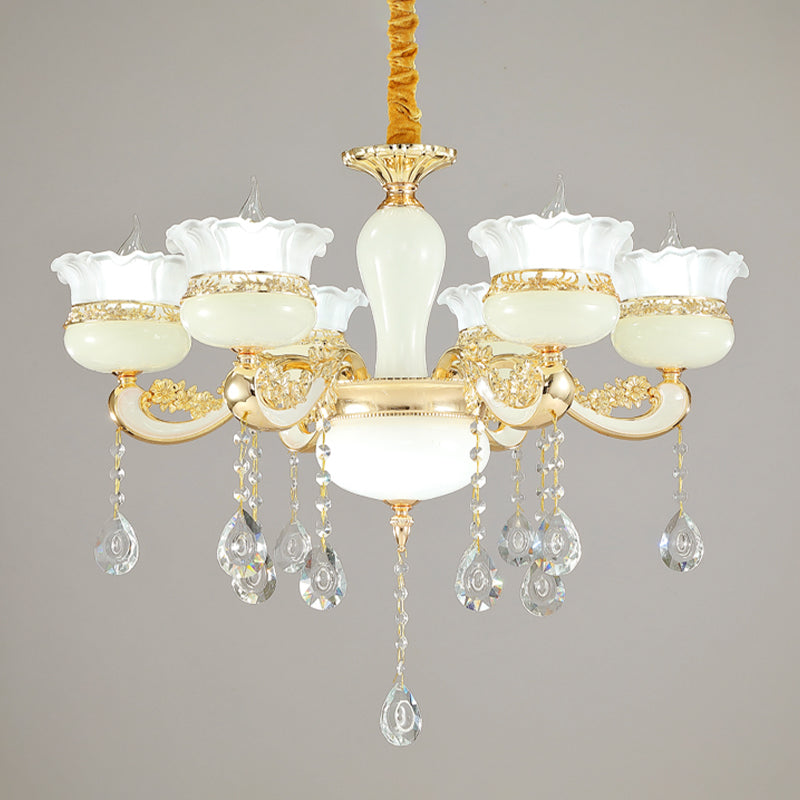 6 Heads Chandelier Lighting Modern Bedroom Ceiling Pendant with Ruffle-Edge Jar White Glass Shade in Gold Clearhalo 'Ceiling Lights' 'Chandeliers' 'Modern Chandeliers' 'Modern' Lighting' 1063169