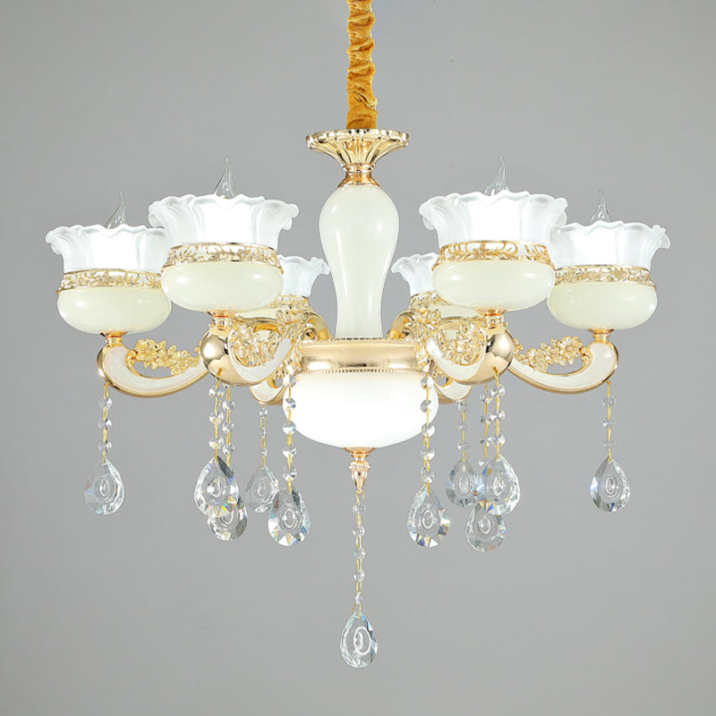 6 Heads Chandelier Lighting Modern Bedroom Ceiling Pendant with Ruffle-Edge Jar White Glass Shade in Gold Clearhalo 'Ceiling Lights' 'Chandeliers' 'Modern Chandeliers' 'Modern' Lighting' 1063170