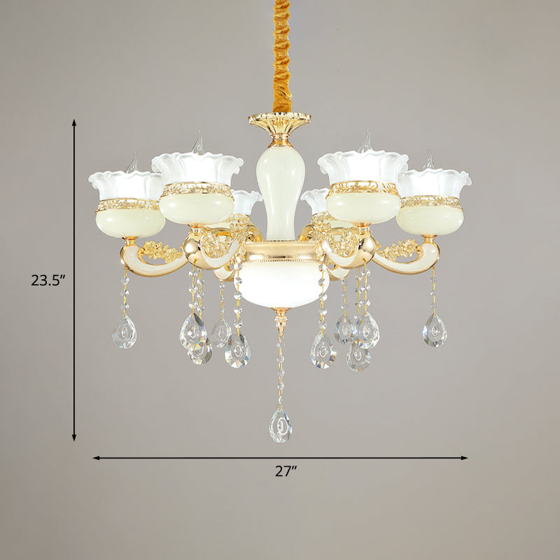 6 Heads Chandelier Lighting Modern Bedroom Ceiling Pendant with Ruffle-Edge Jar White Glass Shade in Gold Clearhalo 'Ceiling Lights' 'Chandeliers' 'Modern Chandeliers' 'Modern' Lighting' 1063171