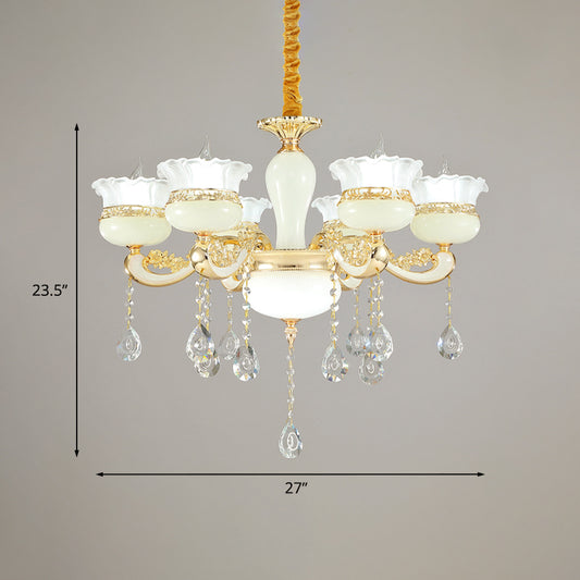 6 Heads Chandelier Lighting Modern Bedroom Ceiling Pendant with Ruffle-Edge Jar White Glass Shade in Gold Clearhalo 'Ceiling Lights' 'Chandeliers' 'Modern Chandeliers' 'Modern' Lighting' 1063171