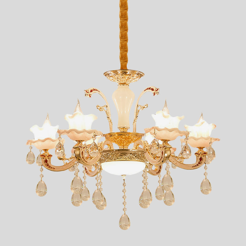 Ruffle Trim Dining Table Suspension Light Traditional Pink Glass 6 Lights Gold Pendant Lighting Fixture Clearhalo 'Ceiling Lights' 'Chandeliers' Lighting' options 1063174