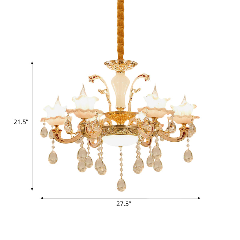 Ruffle Trim Dining Table Suspension Light Traditional Pink Glass 6 Lights Gold Pendant Lighting Fixture Clearhalo 'Ceiling Lights' 'Chandeliers' Lighting' options 1063175